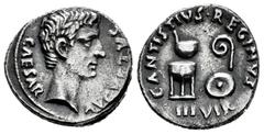 Roman Imperatorial Augustus. C. Antistius Reginus. Denarius. 13 BC. Rome. (Ffc-233). (Ric-410). (Cal-136). Anv.: CAESAR AVGVSTVS bare head of Augustus right. Rev.: C. ANTISTIVS REGINVS III. VIR. aroun