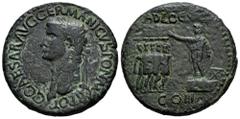 Roman Imperial Caligula. Sestertius. 37-38 AD. Rome. (Ric-I 32). (Bmcre-33). Anv.: C CAESAR AVG GERMANICVS PON M TR POT, laureate head to left. Rev.: Emperor standing to left on platform before low st
