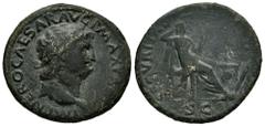 Roman Imperial Nero. Dupondius. 66 AD. Lugdunum. (Ric-I 518). (Bmcre-341). (C-324). Anv.: IMP NERO CAESAR AVG P MAX TR (P P P), laureate head to right, globe at point of bust. Rev.: SECVRITAS (AVGVSTI