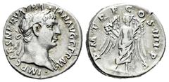 Roman Imperial Trajan. Denarius. 101-102 AD. Rome. (Ric-58). (Woytek-128b). (Bmcre-120). Anv.: IMP CAES NERVA TRAIAN AVG GERM, laureate head right. Rev.: P M TR P COS IIII P P, Victory standing facing