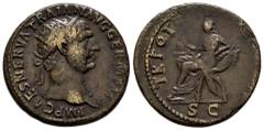 Roman Imperial Trajan. Dupondius. 98 AD. Rome. (Ric-II 385). (Woytek-19a). (Bmcre-720). Anv.: IMP CAES NERVA TRAIAN AVG GERM P M, radiate head to right. Rev.: TR POT (COS II), Abundantia seated to lef