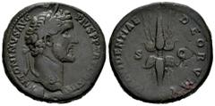 Roman Imperial Antoninus Pius. Sestertius. 141-143 AD. Rome. (Ric-618). (Banti-318). Anv.: ANTONINVS AVG PIVS P P TR P COS III, laureate head right. Rev.: PROVIDENTIAE DEORVM, winged thunderbolt; S-C 