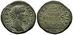Roman Imperial Divus Antoninus Pius. Sestertius. 161 AD. Rome. (Ric-III 1266). (Bmcre-872). (C-165). Anv.: DIVVS ANTONINVS, bare head to right. Rev.: CONSECRATIO, decorated funeral pyre of four tiers,