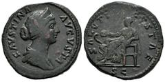 Roman Imperial Faustina Junior. Sestertius. 161-164 AD. Rome. (Ric-1668). (Banti-110). Anv.: FAVSTINA AVGVSTA, draped bust right, wearing stephane. Rev.: SALVTI AVGVSTI, Salus seated left, resting lef