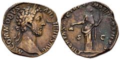 Roman Imperial Commodus. Sestertius. 181 AD. Rome. (Ric-311). (Bmcre-547). Anv.: M COMMODVS ANTONINVS AVG, laureate head right. Rev.: LIBERTAS AVG TR P VI IMP IIII COS III P P, Liberalitas standing le