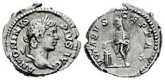 Roman Imperial Caracalla. Denarius. 206 AD. Rome. (Spink-6909). (Ric-150). (Seaby-688). Rev.: VOTA SVSCEPTA X. Caracalla standing facing, head left, sacrificing over altar to left. Ag. 3,37 g. Choice 