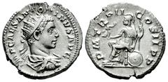 Roman Imperial Elagabalus. Antoninianus. 219 AD. Rome. (Ric-14). Anv.: IMP CAES M AVR ANTONINVS AVG, radiate, draped and cuirassed bust to right. Rev.: P M TR P COS P P, Roma seated to left, holding V
