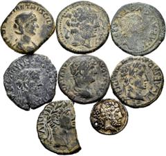 Large Lots Lot of 8 pieces, 1 silver (Bashkun denarius with hole) and 7 bronzes, 5 Iberian (3 aces of Turiaso, 1 with eagle head stamp, 1 ace of Kelse, 1 ace of Ercavica with missing coin) and 2 Roman