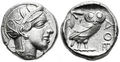 Greek Coins Attica. Tetradrachm. 454-404 BC. Athens. (Gc-2526). (Sng Cop-31). Anv.: Head of Athena right. Rev.: Owl standing to right with head facing, olive sprig and crescent behind, ΑΘΕ before; all