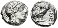 Greek Coins Attica. Tetradrachm. 454-404 BC. Athens. (Gc-2526). (Sng Cop-31). Anv.: Head of Athena right, wearing crested Attic helmet ornamented with three olive leaves above visor and spiral palmett