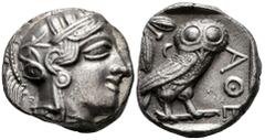 Greek Coins Attica. Tetradrachm. 454-404 BC. Athens. (Gc-2526). (Sng Cop-31). Anv.: Head of Athena right, wearing crested Attic helmet ornamented with three olive leaves above visor and spiral palmett