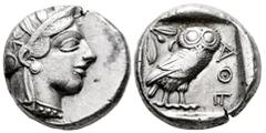 Greek Coins Attica. Athens. Tetradrachm. 430-420 BC. (Kroll-8). (Sng Cop-31). (Hgc-4, 1597). Anv.: Head of Athena to right, wearing crested Attic helmet decorated with three olive leaves and palmette.