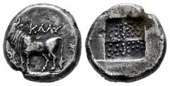 Greek Coins Bithynia. Kalchedon. Drachm. 367-340 BC. (SNG BM Black Sea-104). (Hgc-7,511). Anv.: KAΛX, bull standing to left on grain ear; kerykeion and caduceus to left. Rev.: Stippled quadripartite i