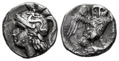 Greek Coins Calabria. Tarentum. Drachm. 280-272 BC. (Vlasto-1077/83). (HN Italy-1018). Anv.: Head of Athena left, wearing crested Attic helmet ornamented with Skylla hurling a rock, [EY] below bust tr