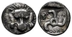 Greek Coins Lycian Dynasts. Perikles. 1/3 stater. 380-360 BC. (Müseler VIII, 44). (SNG Keckman II, 495). (SNG von Aulock -). Anv.: Facing lion's scalp. Rev.: ('Perikle' in Lycian) Triskeles; to left, 