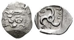 Greek Coins Lycia. Mithrapata. Diobol. 425-360 BC. (Müseler-VIII 29). (Sng Cop-476 sup.). Anv.: Facing lion's scalp. Rev.: Triskeles with legend arround, all within incuse square. Ag. 1,22 g. Choice F