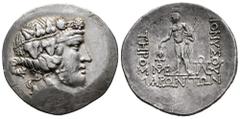 Greek Coins Thrace. Maroneia. Tetradrachm. 189/8 - 49/5 BC. (Hgc-3.2, 1556). (Schönert-Geiss-1269/72). Anv.: Head of Dionysos right, wearing ivy wreath. Rev.: ΔIONYΣOY / ΣΩTHPOΣ / MAPΩNITΩN. Dionysos 