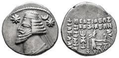 Greek Coins Kingdom of Parthia. Orodes II. Drachm. 57-38 BC. Ekbatana. (Sunrise-381). (Sellwood-48.9). Anv.: Diademed bust left; star before, crescent and star behind. Rev.: Archer (Arsakes I) seated 