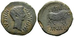 Celtiberian Coins Calagurris. Augustus period. Unit. 27 BC - 14 AD. Calahorra (La Rioja). (Abh-415). (Acip-3121). Anv.: MVN. CALAG. IMP. AVGVSTVS. Bare head of Augustus right. Rev.: Bull right, PR. II