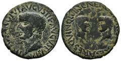 Celtiberian Coins Carthage Nova. Time of Tiberius. Unit. 14-36 AD. Cartagena (Murcia). (Abh-600). Anv.: TI. CAESAR. DIVI. AVGVSTI. F. AVGVSTVS. P. M. Bare head of Tiberius left. Rev.: Heads of Nero an