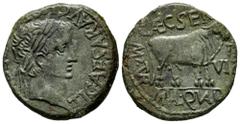 Celtiberian Coins Turiaso. Augustus period. Unit. 27 BC - 14 AD. Tarazona (Zaragoza). (Abh-2452). Anv.: TI. CAESAR. AVGV(ST. F. IMPERAT). around laureate head of Tiberius right. Rev.: Bull right, C. C