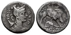 Roman Republican Hosidius. C. Hosidius C.f. Geta. Denarius. 68 BC. South of Italy. (Ffc-748). (Craw-407/2). (Cal-618). Anv.: Diademed head of Diana draped right, bow and quiver at her shoulder GETA be