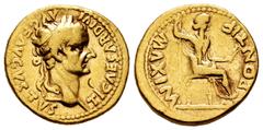 Roman Imperial Tiberius. Aureus. 14-37 d.C. Lugdunum. (Ric-I 29). (Bmcre-46). Anv.: TI CAESAR DIVI AVG F AVGVSTVS, laureate head to right. Rev.: PONTIF MAXIM, Livia, as Pax, seated to right on throne 