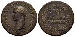 Roman Imperial Caligula. Sestertius. 37-38 AD. Rome. (Ric-I 37). (C-24). (Bmcre-38). Anv.: C•CAESAR AVG GERMANICVS PON M TR POT, laureate head to left. Rev.: S P Q R P P OB•CIVES SERVATOS in four line