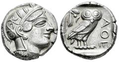 Greek Coins Attica. Tetradrachm. 454-404 BC. Athens. (Gc-2526). (Sng Cop-31). Anv.: Head of Athena right, wearing crested Attic helmet ornamented with three olive leaves above visor and spiral palmett