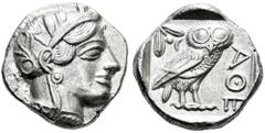Greek Coins Attica. Tetradrachm. 454-404 BC. Athens. (Gc-2526). (Sng Cop-31). Anv.: Head of Athena right. Rev.: Owl standing to right with head facing, olive sprig and crescent behind, ΑΘΕ before; all