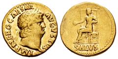 Roman Imperial Nero. Aureus. 66-67 AD. Rome. (Ric-I 66). (Bmcre-94). Anv.: IMP NERO CAESAR AVGVSTVS, laureate head to right. Rev.: Salus enthroned to left, holding patera and resting hand on side; SAL
