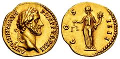 Roman Imperial Antoninus Pius. Aureus. 148-149 AD. Rome. (Ric-177d). (Calicó-1502). (Bmcre-649). Anv.: ANTONINVS AVG PIVS P P TR P XII. Laureate head right. Rev.: COS IIII. Aequitas standing left, hol