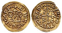Visigothic Coins Egica and Witiza (698-702). Tremissis. Córdoba. (Cnv-560.3). Anv.: ✠ INDINMNEEGICAP✚. Rev.: ✠ IDINMNEVVITTIZAP✚. Anagrama de Córdoba. Au. 0,99 g. Rare. Choice VF. Est...2000,00. Spani