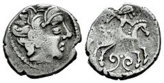 Greek Coins Galia. Pictons / Bituriges. Drachm. Siglo II-I a.C. (Lt-4448). (DT-3349). Anv.: Celticised male head to right. Rev.: Horseman riding right with shield; under the horse, embellishment of fl