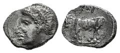 Greek Coins Sicily. Panormos. Litra. 400-380 a.C. (Jenkins-Punic pl. 24, 14). (Sng Ans-551). (Hgc-2, 1047). Anv.: Youthful male head to left. Rev.: Bearded, man-headed bull standing to left; Punic leg