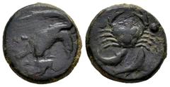 Greek Coins Sicily. Akragas. Hexante. 420-415 a.C. (Hgc-2, 148). Anv.: Eagle, with head lowered, standing to right on fish. Rev.: Crab, two pellets across upper fields; below, two fish swimming upward