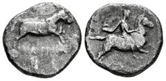 Greek Coins Thessaly. Larissa. Drachm. 365-356 a.C. (Sng Cop-118). (BCD-1136). Anv.: Bull running to right, (ΛAPIΣAION) above. Rev.: Thessalos, wearing a petasos, cloak and tunic, galloping on horseba
