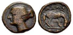 Greek Coins Thessaly. Larissa. Calco. Siglo IV - III a.C. (Bcd-Thessaly II 392.2). Anv.: Head of the nymph Larissa left, wearing earring. Rev.: ΛAPIΣ-AIΩN, horse right, about to roll. Ae. 2,28 g. Scar