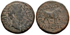 Celtiberian Coins Kelse-Celsa. Augustus period. Unit. 27 BC - 14 AD. Velilla de Ebro (Zaragoza). (Abh-809). (Acip-3164). Anv.: AVGVSTVS. DIVI. F. Laureate head of Augustus right. Rev.: Bull standing r