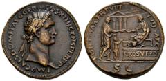 Roman Imperial Domitian. Paduan sestertius. (Klawans-2). (Lawrence-40). Anv.: IMP CAES DOMIT AVG GERM P M TR P VIII CENS PER P P, Laureate head to right. Rev.: COS XIIII LVD SAEC / S C, Domitian seate