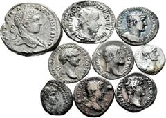 Large Lots Lot of 9 coins from the Roman Empire. Containing 4 Denarii of Hadrian and Hemidrachm, Denarius of Trajan, Hemidrachm of Nero, Antoninian of Gordian III and Tetradrachm of Eliogabalus. Ag. T