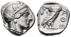 Greek Coins Attica. Tetradrachm. 454-404 BC. Athens. (Gc-2526). (Sng Cop-31). Anv.: Head of Athena right, wearing crested Attic helmet ornamented with three olive leaves above visor and spiral palmett