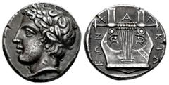 Greek Coins Macedon. Olynthos. Electrotype. Tetradrachm. 420-379 BC. (Sng Ans-479). (Hgc-3.1, 497 for Prototype). Anv.: Laureate head of Apollo to left. Rev.: Kithara with seven strings, ΧΑΛΚΙΔΕΩΝ aro
