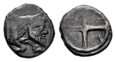 Greek Coins Sicily. Gela. Obol. 480-470 BC. (Jenkins-Gela, Group II 189/98). (Hgc-2, 372). Anv.: Forepart of man-headed bull to right; (CEΛA above). Rev.: Wheel with four spokes. Ag. 0,60 g. Beautiful