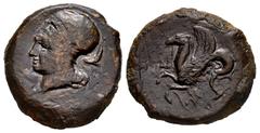 Greek Coins Sicily. Syracuse. AE 21. 405-367 BC. (CNS-34). (Hgc-2, 1456). Anv.: Helmeted head of Athena to left; (ΣYPA retrograde) above, two dolphins around. Rev.: Hippocamp swimming to left. Ae. 7,9