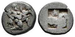 Greek Coins Thrace Islands. Thasos. Drachm. 500-480 BC. (Le Rider-Thasiennes 3). (Hgc-6, 332). Anv.: Nude satyr advancing to right, carrying off protesting nymph. Rev.: Quadripartite incuse square. Ag