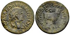 Celtiberian Coins Caesaraugusta. Time of Tiberius. Unit. 14-36 AD. Zaragoza. (Abh-363). Anv.: TI. CAESAR. DIVI. AVG. F. AVGVSTVS. Laureate head of Tiberius right. Rev.: Mitred bull standing right, C.C
