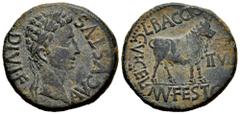 Celtiberian Coins Kelse-Celsa. Augustus period. Unit. 27 BC - 14 AD. Velilla de Ebro (Zaragoza). (Abh-809). (Acip-3164). Anv.: AVGVSTVS. DIVI. F. Laureate head of Augustus right. Rev.: Bull standing r