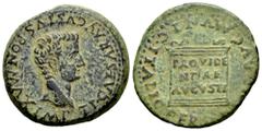 Celtiberian Coins Italica. Time of Tiberius. Unit. 14 - 36 AD. Santiponce (Sevilla). (Abh-1593). (Acip-3333). Anv.: IMP. TI. CAESAR. AVGVSTVS. PON. MAX. Bare head of Tiberius right. Rev.: Altar with l
