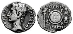 Roman Imperatorial Augustus. Denarius. 19 BC. Colonia Patricia (Córdoba). (Ffc-184). (Ric-I 86b). (Bmcre-240). Anv.: CAESAR AVGVSTVS bare head of Augustus left. Rev.: SIGNIS RECEPTIS above and below S
